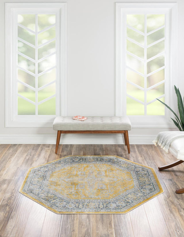 Yellow 5' x 5' Baracoa Octagon Area Rug 100% Polypropylene Distressed Vintage Living Dining Room Office Traditional Carpet for Sale at Rug Engine