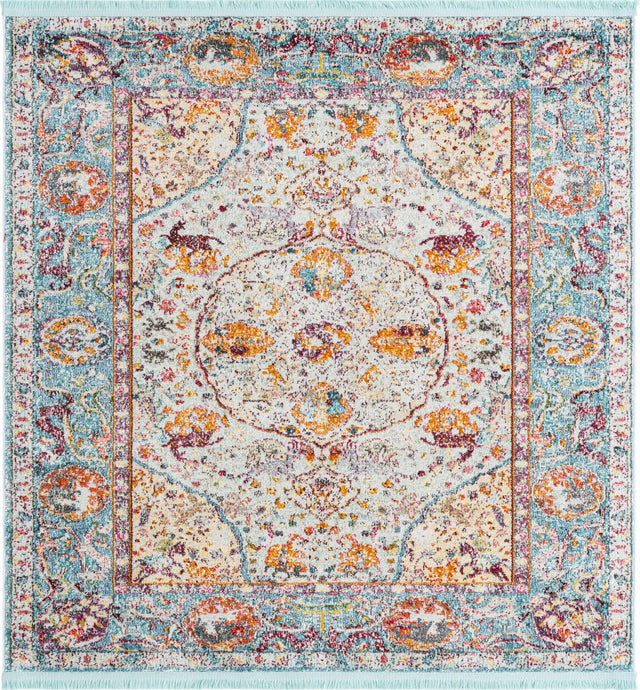 Light Blue 5' x 5' Baracoa Square Area Rug 100% Polypropylene Distressed Vintage Living Dining Room Office Traditional Carpet for Sale at Rug Engine
