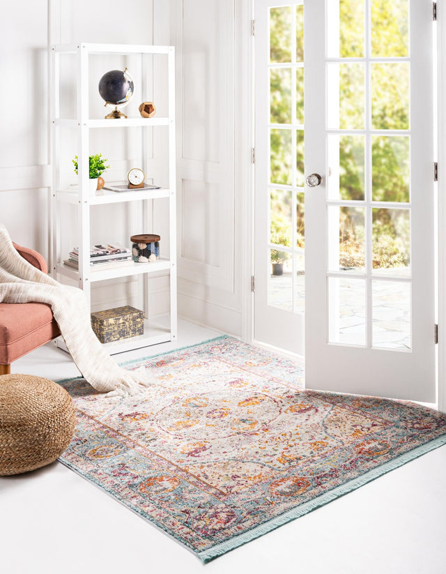 Light Blue 4' x 4' Baracoa Square Area Rug 100% Polypropylene Distressed Vintage Living Dining Room Office Traditional Carpet for Sale at Rug Engine