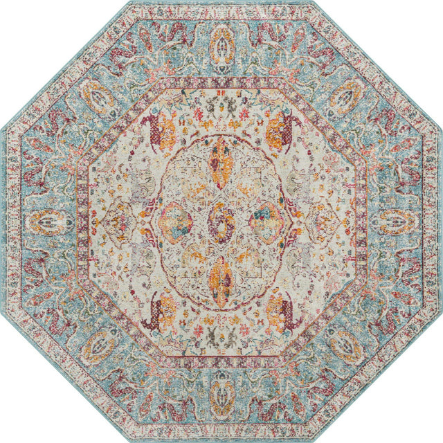 Light Blue 8' x 8' Baracoa Octagon Area Rug 100% Polypropylene Distressed Vintage Living Dining Room Office Traditional Carpet for Sale at Rug Engine