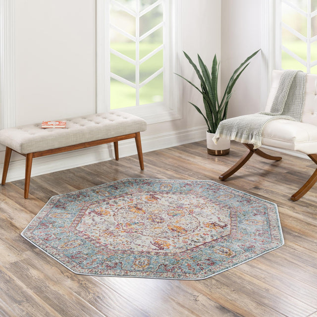 Light Blue 5' x 5' Baracoa Octagon Area Rug 100% Polypropylene Distressed Vintage Living Dining Room Office Traditional Carpet for Sale at Rug Engine