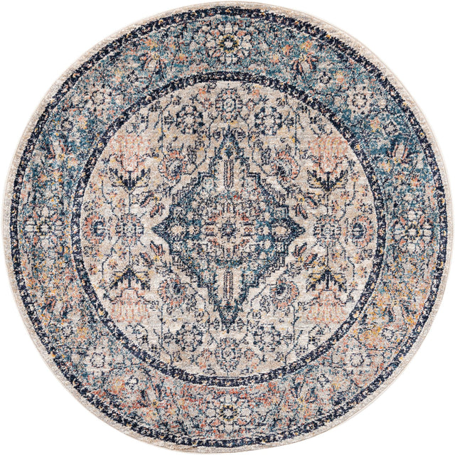 Blue 5' 2 x 5' 2 Lola Round Area Rug Polypropylene With Jute Backing Traditional Pattern Easy Clean Carpet for Home Interior Design for Sale at Rug Engine