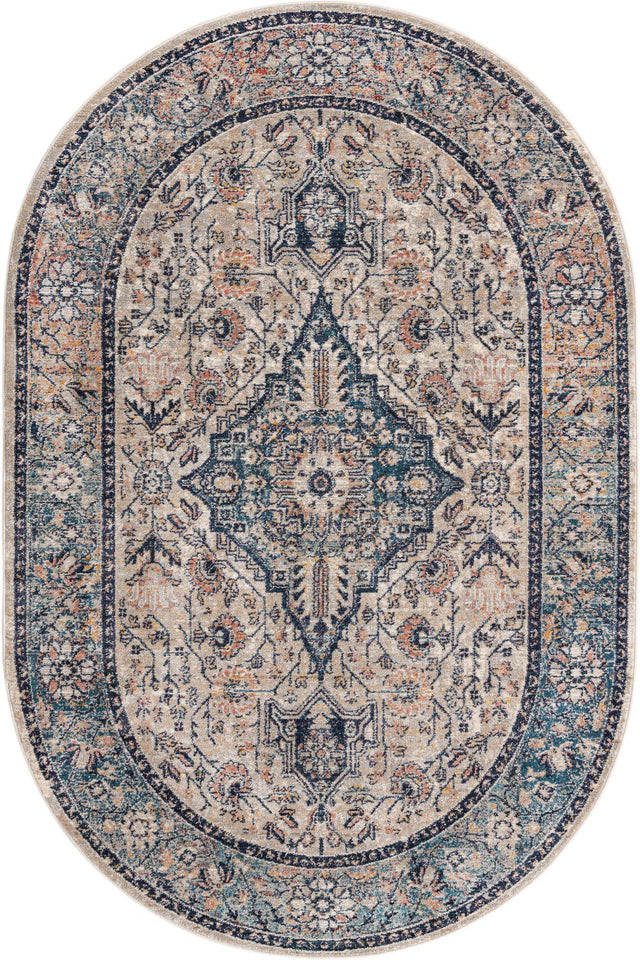 Blue 5' 3 x 8' Lola Oval Area Rug Polypropylene With Jute Backing Traditional Pattern Easy Clean Carpet for Home Interior Design for Sale at Rug Engine