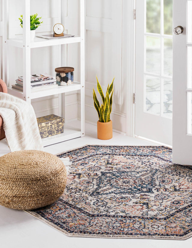 Blue 5' x 5' Lola Octagon Area Rug Polypropylene With Jute Backing Traditional Pattern Easy Clean Carpet for Home Interior Design for Sale at Rug Engine