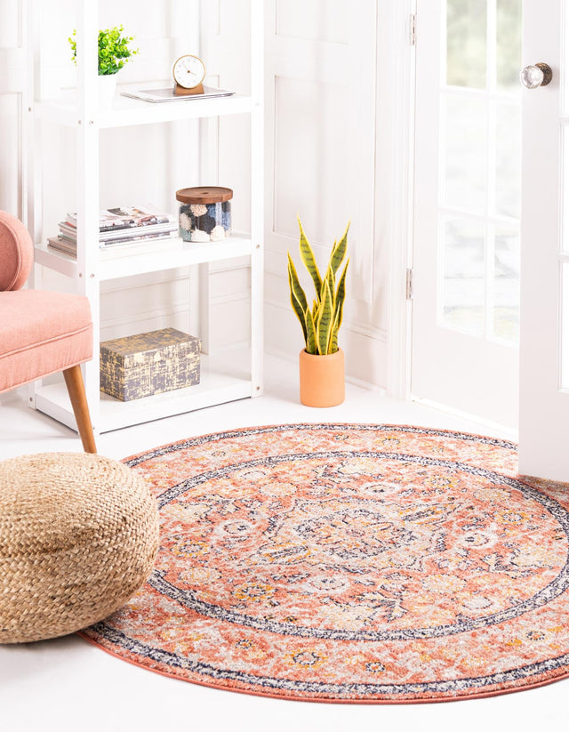 Brick Red 7' x 7' Lola Round Area Rug Polypropylene With Jute Backing Traditional Pattern Easy Clean Carpet for Home Interior Design for Sale at Rug Engine