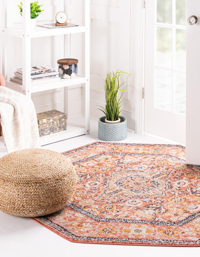 Brick Red 5' x 5' Lola Octagon Area Rug Polypropylene With Jute Backing Traditional Pattern Easy Clean Carpet for Home Interior Design for Sale at Rug Engine