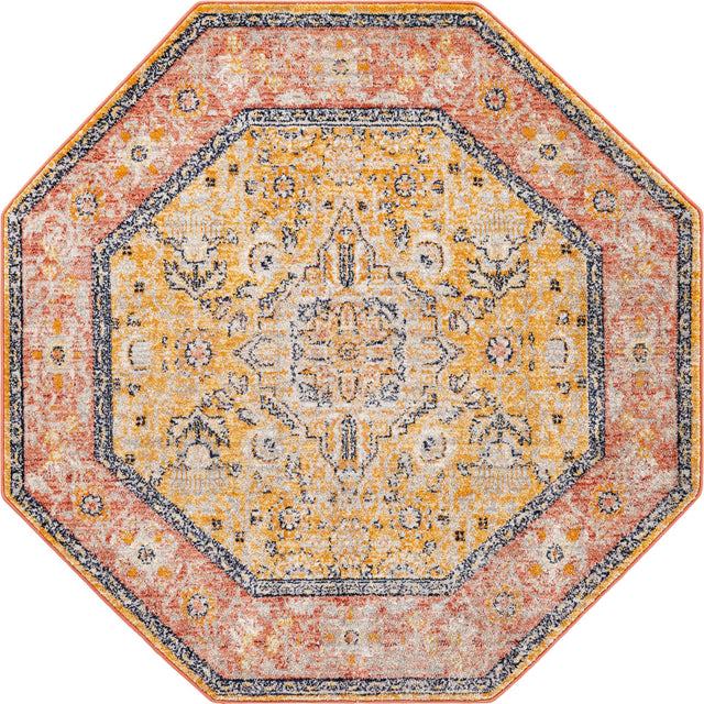 Yellow 5' x 5' Lola Octagon Area Rug Polypropylene With Jute Backing Traditional Pattern Easy Clean Carpet for Home Interior Design for Sale at Rug Engine