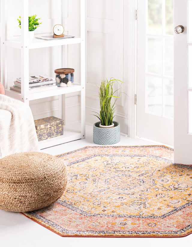 Yellow 7' 10 x 7' 10 Lola Octagon Area Rug Polypropylene With Jute Backing Traditional Pattern Easy Clean Carpet for Home Interior Design for Sale at Rug Engine