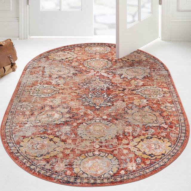 Brick Red 5' 3 x 8' Lola Oval Area Rug Polypropylene With Jute Backing Traditional Pattern Easy Clean Carpet for Home Interior Design for Sale at Rug Engine
