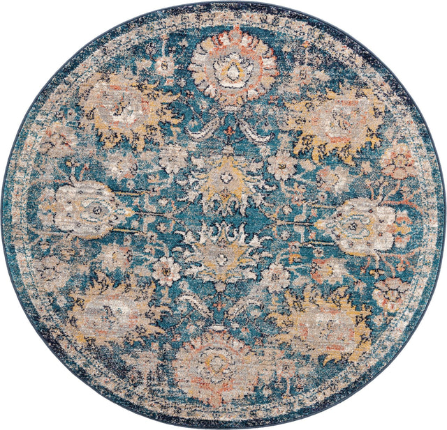 Blue 5' 2 x 5' 2 Lola Round Area Rug Polypropylene With Jute Backing Traditional Pattern Easy Clean Carpet for Home Interior Design for Sale at Rug Engine