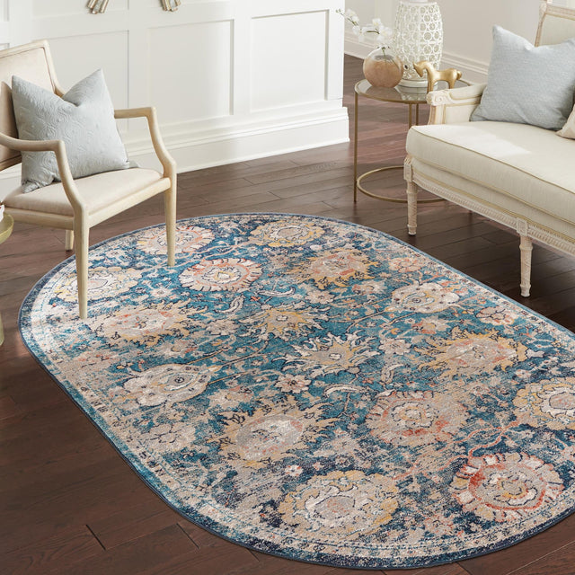 Blue 5' 3 x 8' Lola Oval Area Rug Polypropylene With Jute Backing Traditional Pattern Easy Clean Carpet for Home Interior Design for Sale at Rug Engine
