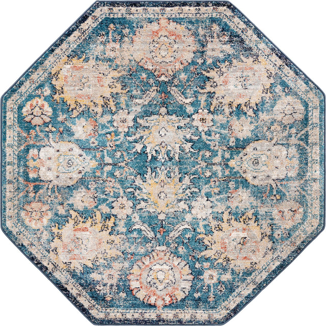 Blue 5' x 5' Lola Octagon Area Rug Polypropylene With Jute Backing Traditional Pattern Easy Clean Carpet for Home Interior Design for Sale at Rug Engine
