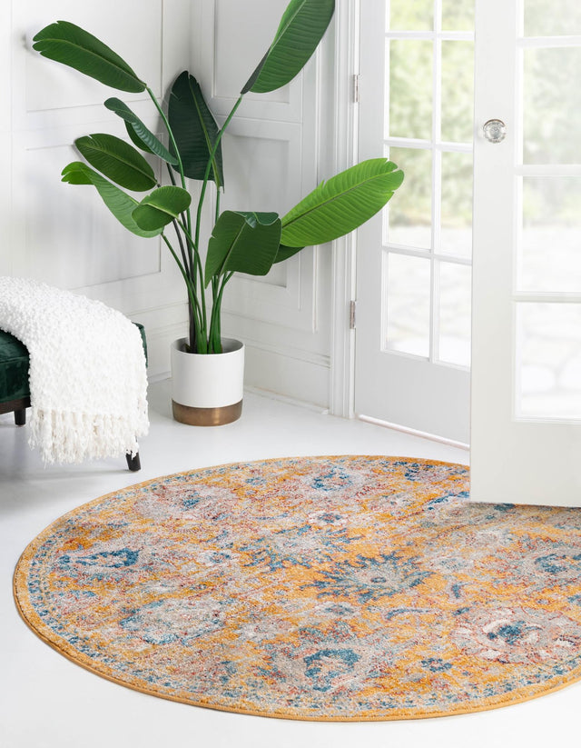 Yellow 5' 2 x 5' 2 Lola Round Area Rug Polypropylene With Jute Backing Traditional Pattern Easy Clean Carpet for Home Interior Design for Sale at Rug Engine
