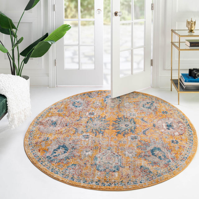 Yellow 7' x 7' Lola Round Area Rug Polypropylene With Jute Backing Traditional Pattern Easy Clean Carpet for Home Interior Design for Sale at Rug Engine
