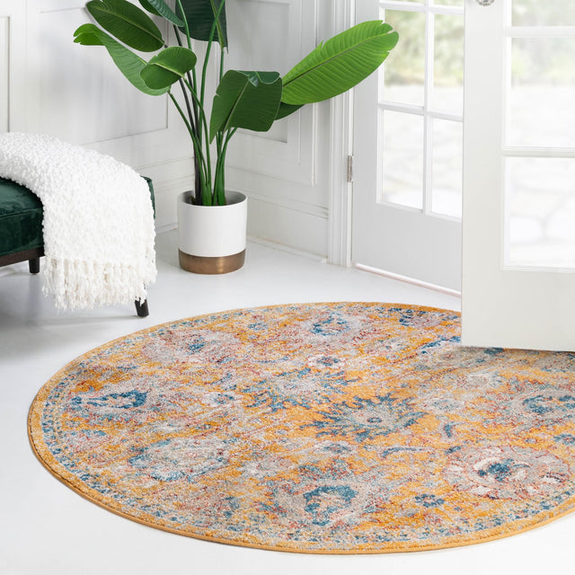 Yellow 7' x 7' Lola Round Area Rug Polypropylene With Jute Backing Traditional Pattern Easy Clean Carpet for Home Interior Design for Sale at Rug Engine