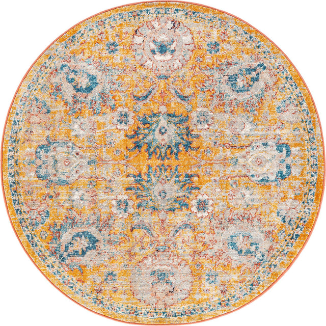 Yellow 5' 2 x 5' 2 Lola Round Area Rug Polypropylene With Jute Backing Traditional Pattern Easy Clean Carpet for Home Interior Design for Sale at Rug Engine