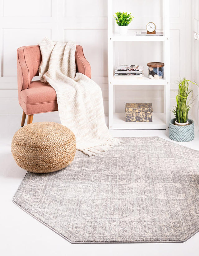 Gray 5' x 5' Lola Octagon Area Rug Polypropylene With Jute Backing Traditional Pattern Easy Clean Carpet for Home Interior Design for Sale at Rug Engine