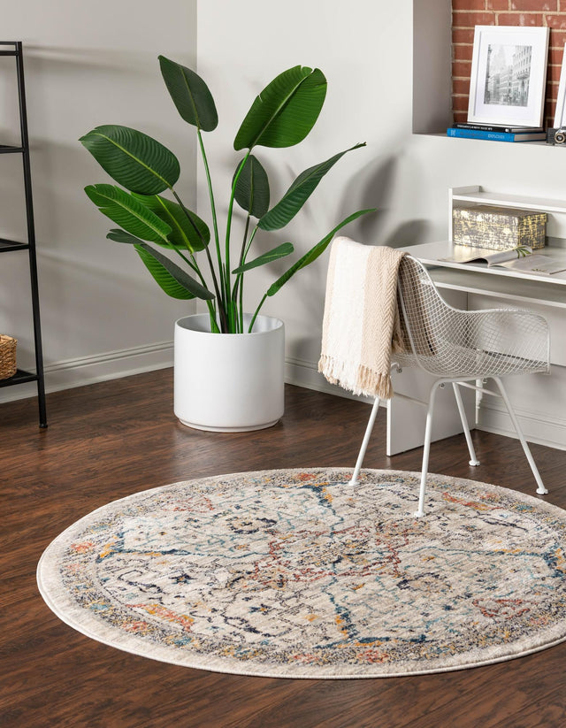 Ivory 7' x 7' Lola Round Area Rug Polypropylene With Jute Backing Traditional Pattern Easy Clean Carpet for Home Interior Design for Sale at Rug Engine