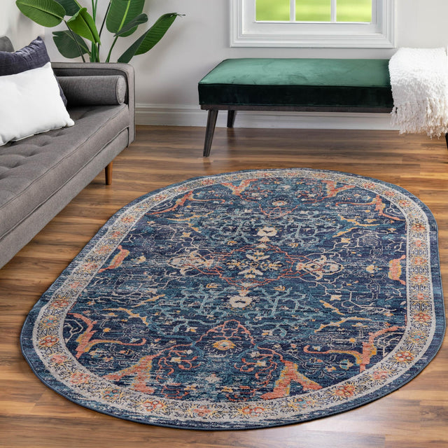 Navy Blue 5' 3 x 8' Lola Oval Area Rug Polypropylene With Jute Backing Traditional Pattern Easy Clean Carpet for Home Interior Design for Sale at Rug Engine