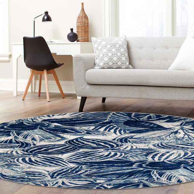 Navy Blue 10' x 10' Blossom Round Area Rug 100% Polypropylene With Cotton Backing Easy Clean Colorful Blooming Blossoming Flower Floral Plant Carpet for Living Dining Room Office Dorms for Sale at Rug Engine