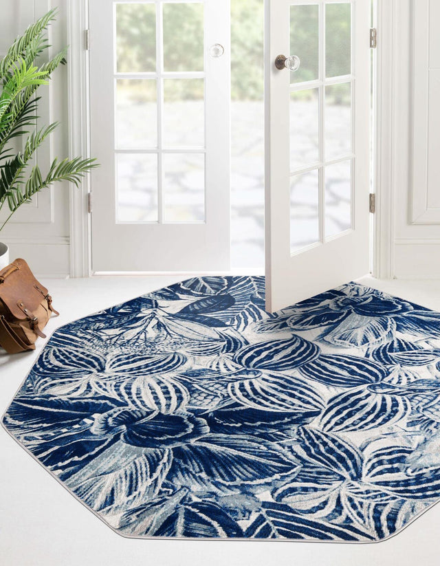 Navy Blue 6' x 6' Blossom Octagon Area Rug 100% Polypropylene With Cotton Backing Easy Clean Colorful Blooming Blossoming Flower Floral Plant Carpet for Living Dining Room Office Dorms for Sale at Rug Engine