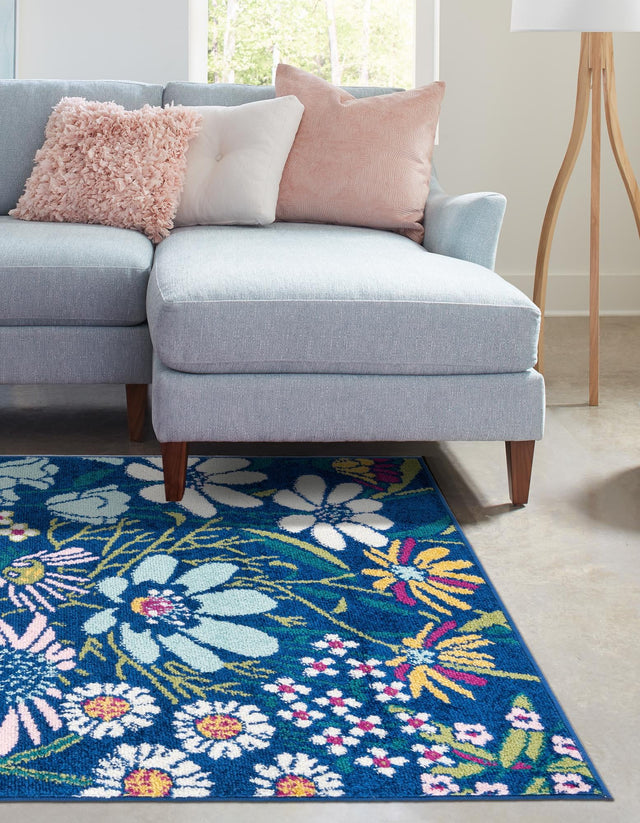 Navy Blue 7' 10 x 11' Bloom Rectangle Area Rug 100% Polypropylene With Cotton Backing Easy Clean Colorful Blooming Flower Floral Carpet for Living Dining Room Office Dorms for Sale at Rug Engine