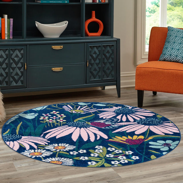 Navy Blue 7' 10 x 7' 10 Bloom Round Area Rug 100% Polypropylene With Cotton Backing Easy Clean Colorful Blooming Flower Floral Carpet for Living Dining Room Office Dorms for Sale at Rug Engine