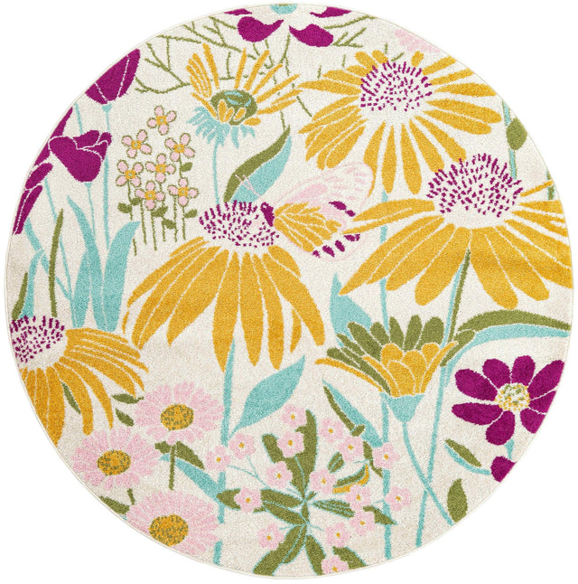 White 6' x 6' Bloom Round Area Rug 100% Polypropylene With Cotton Backing Easy Clean Colorful Blooming Flower Floral Carpet for Living Dining Room Office Dorms for Sale at Rug Engine