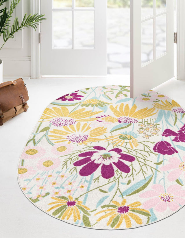 White 7' 10 x 10' Bloom Oval Area Rug 100% Polypropylene With Cotton Backing Easy Clean Colorful Blooming Flower Floral Carpet for Living Dining Room Office Dorms for Sale at Rug Engine