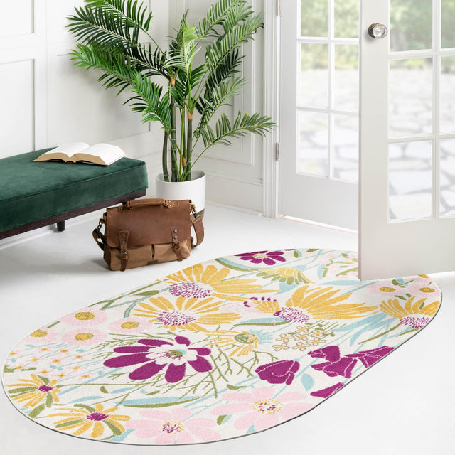 White 6' x 9' Bloom Oval Area Rug 100% Polypropylene With Cotton Backing Easy Clean Colorful Blooming Flower Floral Carpet for Living Dining Room Office Dorms for Sale at Rug Engine