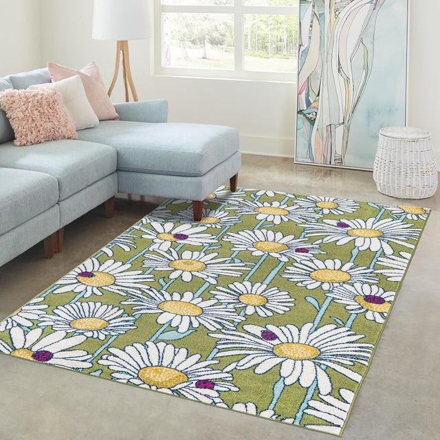 Green 6' 1 x 9' Bloom Rectangle Area Rug 100% Polypropylene With Cotton Backing Easy Clean Colorful Blooming Flower Floral Carpet for Living Dining Room Office Dorms for Sale at Rug Engine