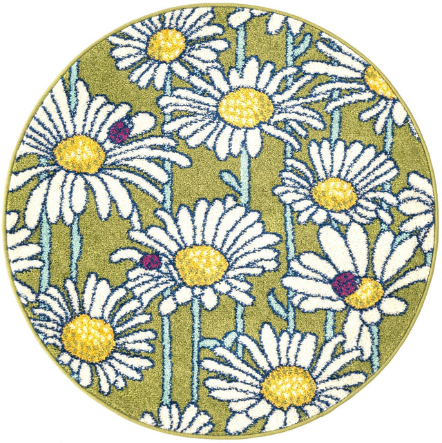 Green 3' 3 x 3' 3 Bloom Round Area Rug 100% Polypropylene With Cotton Backing Easy Clean Colorful Blooming Flower Floral Carpet for Living Dining Room Office Dorms for Sale at Rug Engine