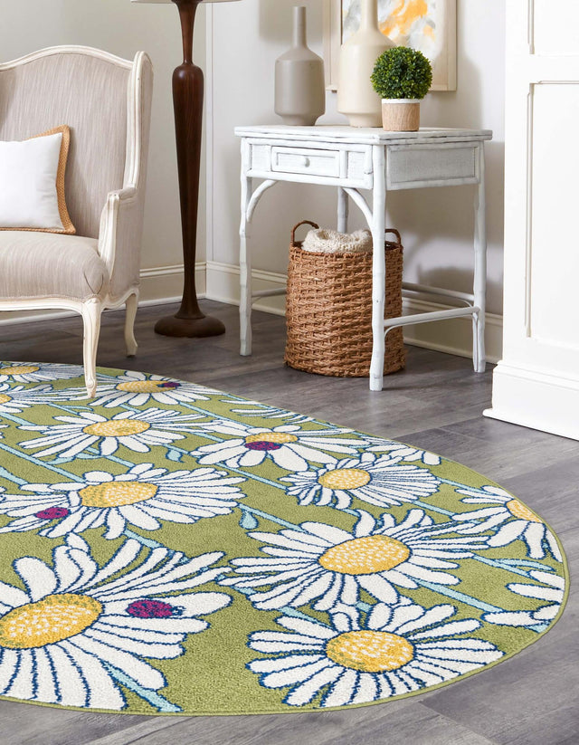 Green 7' 10 x 10' Bloom Oval Area Rug 100% Polypropylene With Cotton Backing Easy Clean Colorful Blooming Flower Floral Carpet for Living Dining Room Office Dorms for Sale at Rug Engine