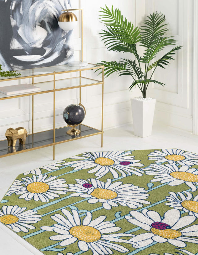 Green 7' x 7' Bloom Octagon Area Rug 100% Polypropylene With Cotton Backing Easy Clean Colorful Blooming Flower Floral Carpet for Living Dining Room Office Dorms for Sale at Rug Engine