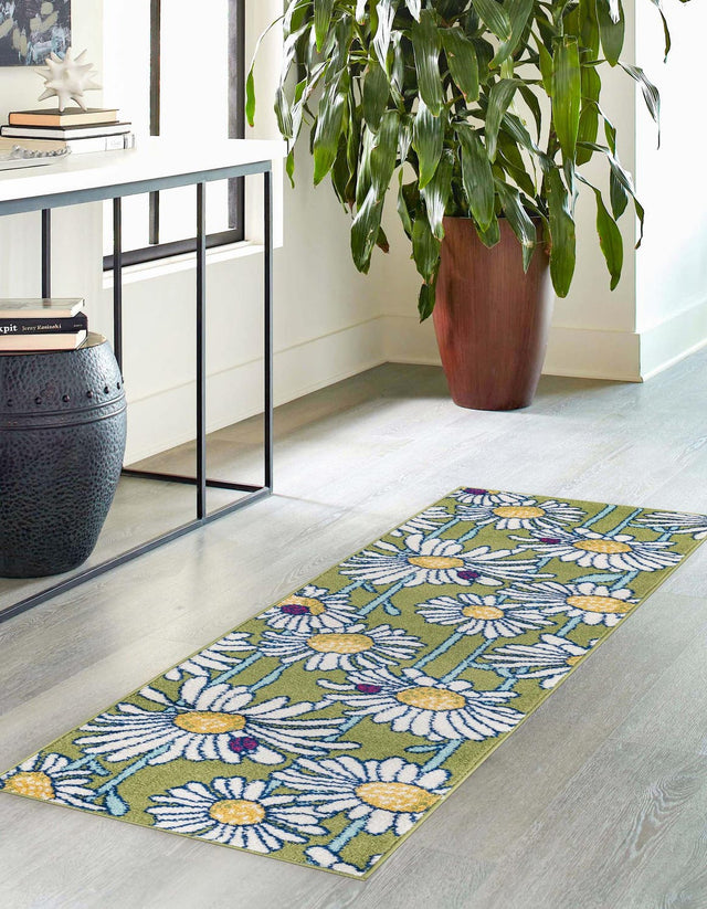 Green 2' 7 x 12' Bloom Runner Area Rug 100% Polypropylene With Cotton Backing Easy Clean Colorful Blooming Flower Floral Carpet for Living Dining Room Office Dorms for Sale at Rug Engine
