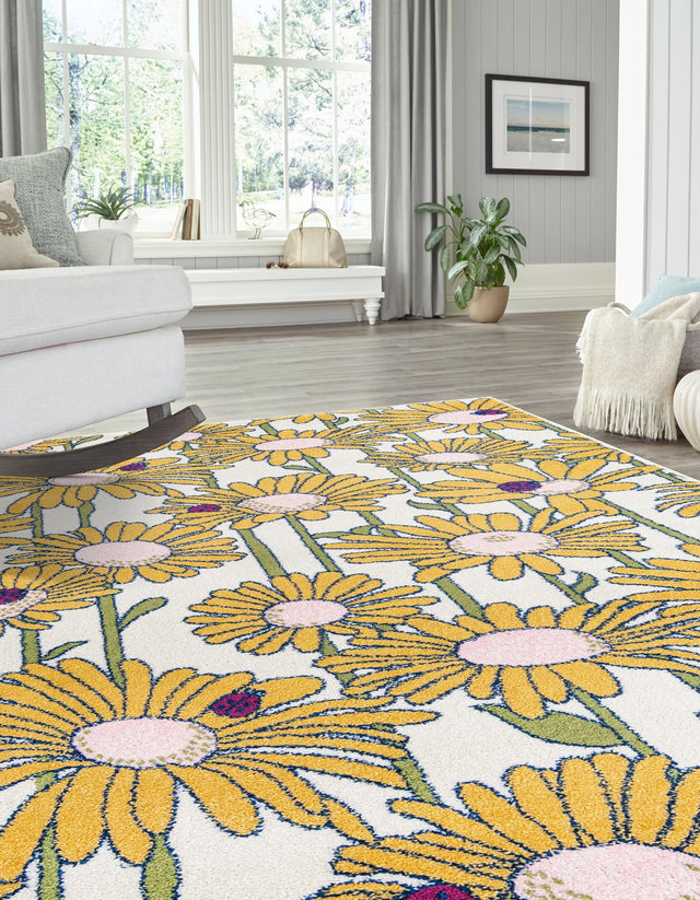 White 9' x 12' Bloom Rectangle Area Rug 100% Polypropylene With Cotton Backing Easy Clean Colorful Blooming Flower Floral Carpet for Living Dining Room Office Dorms for Sale at Rug Engine