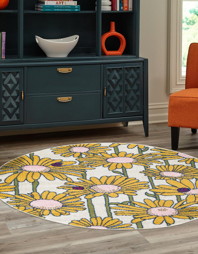 White 6' x 6' Bloom Round Area Rug 100% Polypropylene With Cotton Backing Easy Clean Colorful Blooming Flower Floral Carpet for Living Dining Room Office Dorms for Sale at Rug Engine