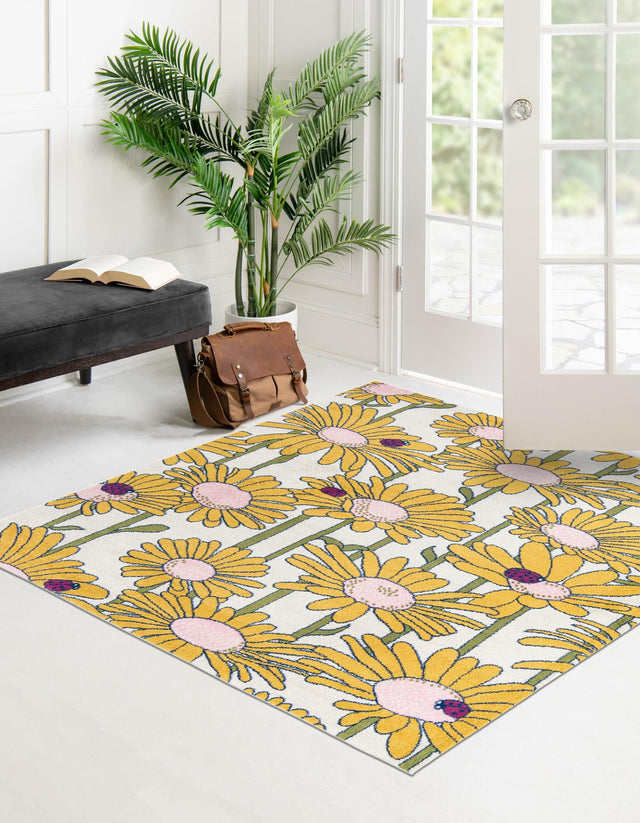 White 7' 10 x 7' 10 Bloom Square Area Rug 100% Polypropylene With Cotton Backing Easy Clean Colorful Blooming Flower Floral Carpet for Living Dining Room Office Dorms for Sale at Rug Engine