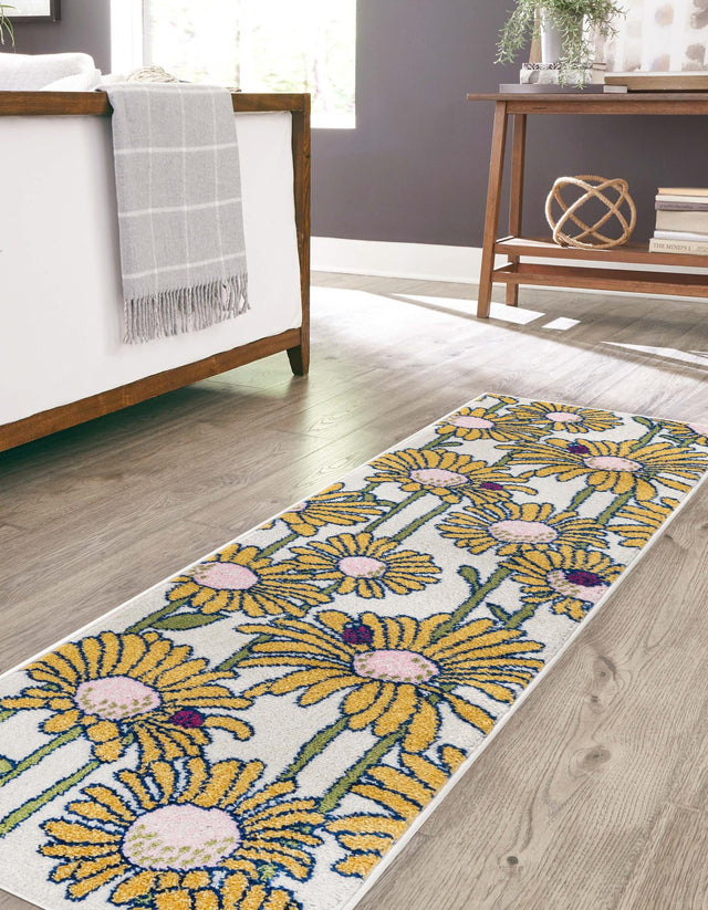 White 2' 7 x 12' Bloom Runner Area Rug 100% Polypropylene With Cotton Backing Easy Clean Colorful Blooming Flower Floral Carpet for Living Dining Room Office Dorms for Sale at Rug Engine