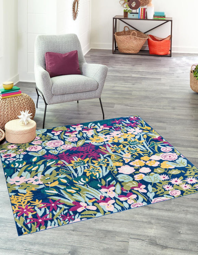 Multicolor 10' x 10' Bloom Square Area Rug 100% Polypropylene With Cotton Backing Easy Clean Colorful Blooming Flower Floral Carpet for Living Dining Room Office Dorms for Sale at Rug Engine