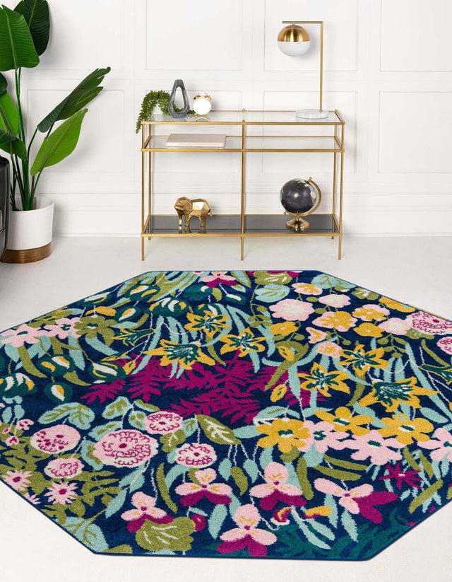 Multicolor 7' 1 x 7' 1 Bloom Octagon Area Rug 100% Polypropylene With Cotton Backing Easy Clean Colorful Blooming Flower Floral Carpet for Living Dining Room Office Dorms for Sale at Rug Engine