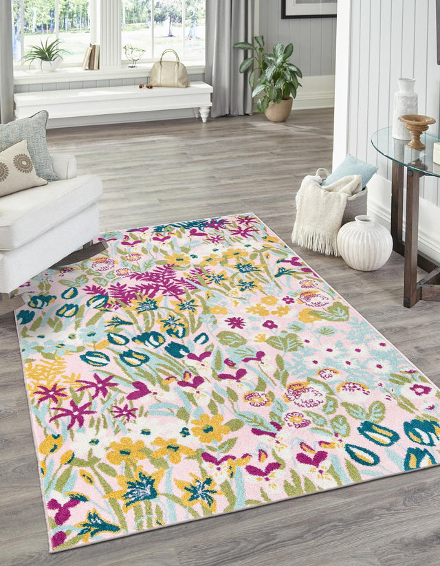Pink 7' 10 x 11' Bloom Rectangle Area Rug 100% Polypropylene With Cotton Backing Easy Clean Colorful Blooming Flower Floral Carpet for Living Dining Room Office Dorms for Sale at Rug Engine