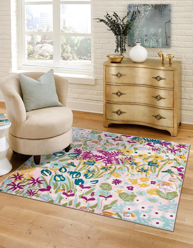 Pink 10' x 10' Bloom Square Area Rug 100% Polypropylene With Cotton Backing Easy Clean Colorful Blooming Flower Floral Carpet for Living Dining Room Office Dorms for Sale at Rug Engine