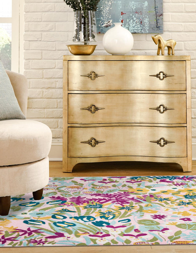 Pink 10' x 10' Bloom Square Area Rug 100% Polypropylene With Cotton Backing Easy Clean Colorful Blooming Flower Floral Carpet for Living Dining Room Office Dorms for Sale at Rug Engine