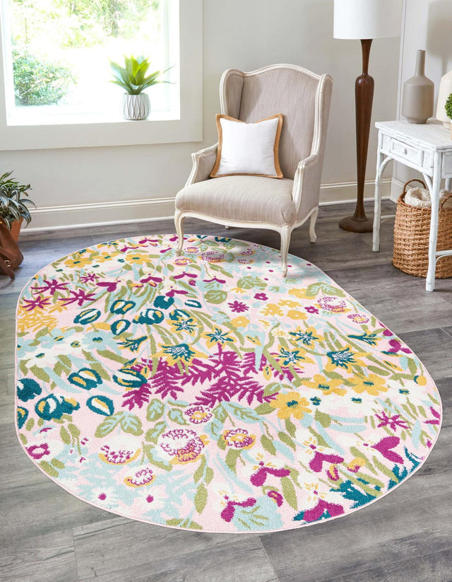 Pink 7' 10 x 10' Bloom Oval Area Rug 100% Polypropylene With Cotton Backing Easy Clean Colorful Blooming Flower Floral Carpet for Living Dining Room Office Dorms for Sale at Rug Engine
