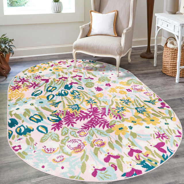 Pink 7' 10 x 10' Bloom Oval Area Rug 100% Polypropylene With Cotton Backing Easy Clean Colorful Blooming Flower Floral Carpet for Living Dining Room Office Dorms for Sale at Rug Engine