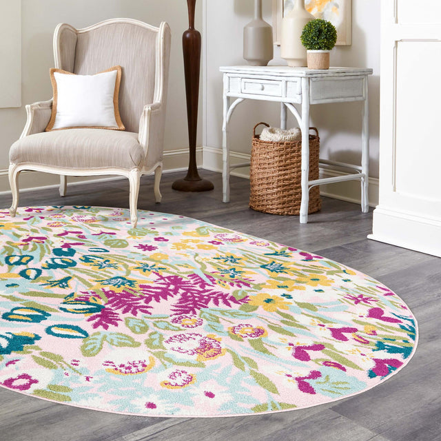 Pink 7' 10 x 10' Bloom Oval Area Rug 100% Polypropylene With Cotton Backing Easy Clean Colorful Blooming Flower Floral Carpet for Living Dining Room Office Dorms for Sale at Rug Engine
