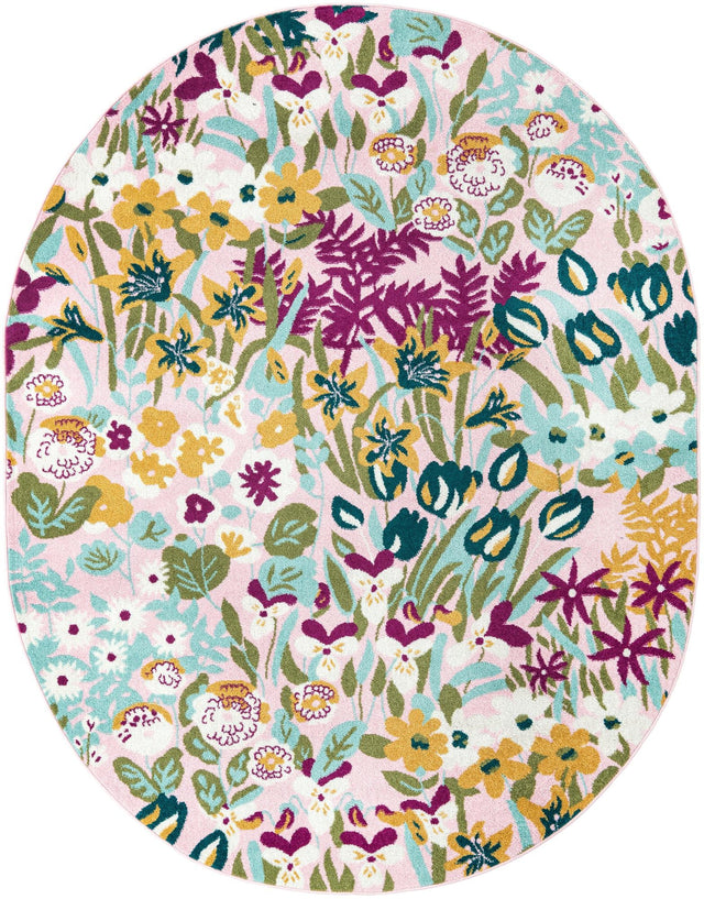 Pink 7' 10 x 10' Bloom Oval Area Rug 100% Polypropylene With Cotton Backing Easy Clean Colorful Blooming Flower Floral Carpet for Living Dining Room Office Dorms for Sale at Rug Engine