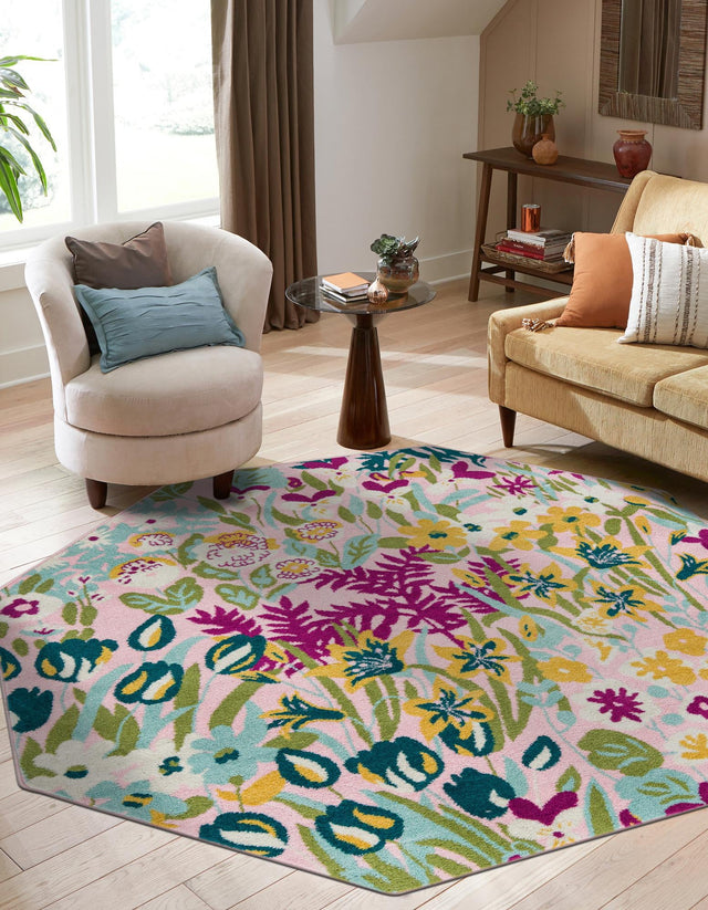 Pink 7' 1 x 7' 1 Bloom Octagon Area Rug 100% Polypropylene With Cotton Backing Easy Clean Colorful Blooming Flower Floral Carpet for Living Dining Room Office Dorms for Sale at Rug Engine