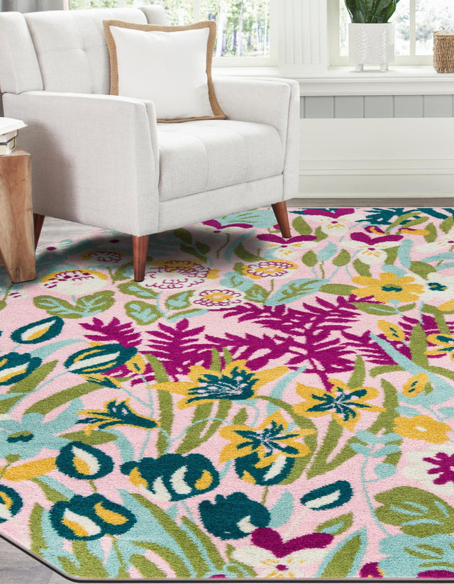Pink 7' 1 x 7' 1 Bloom Octagon Area Rug 100% Polypropylene With Cotton Backing Easy Clean Colorful Blooming Flower Floral Carpet for Living Dining Room Office Dorms for Sale at Rug Engine